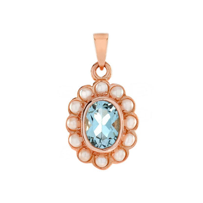 2.70ct Oval Blue Topaz and Pearl Cluster Pendant in 9ct Rose Gold