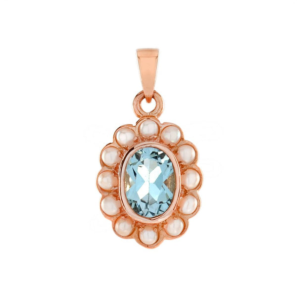 2.70ct Oval Blue Topaz and Pearl Cluster Pendant in 9ct Rose Gold