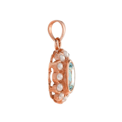 2.70ct Oval Blue Topaz and Pearl Cluster Pendant in 9ct Rose Gold