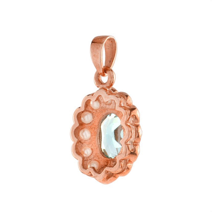 2.70ct Oval Blue Topaz and Pearl Cluster Pendant in 9ct Rose Gold