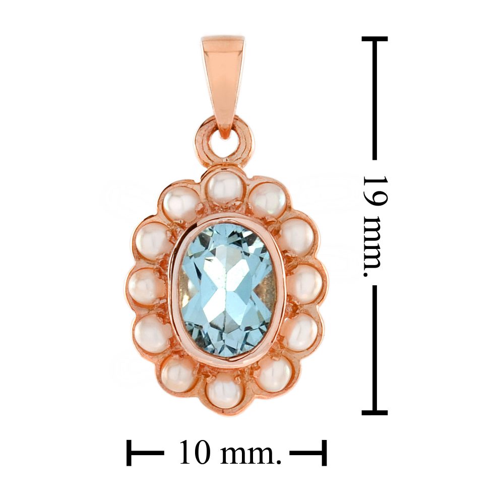2.70ct Oval Blue Topaz and Pearl Cluster Pendant in 9ct Rose Gold