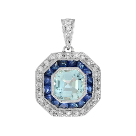 Aquamarine Sapphire and Diamond Octagonal Cluster Pendant
