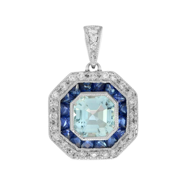 Aquamarine Sapphire and Diamond Octagonal Cluster Pendant