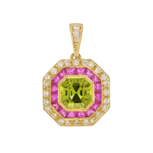 Peridot Ruby and Diamond Octagonal Target Cluster Pendant in 18ct Yellow Gold