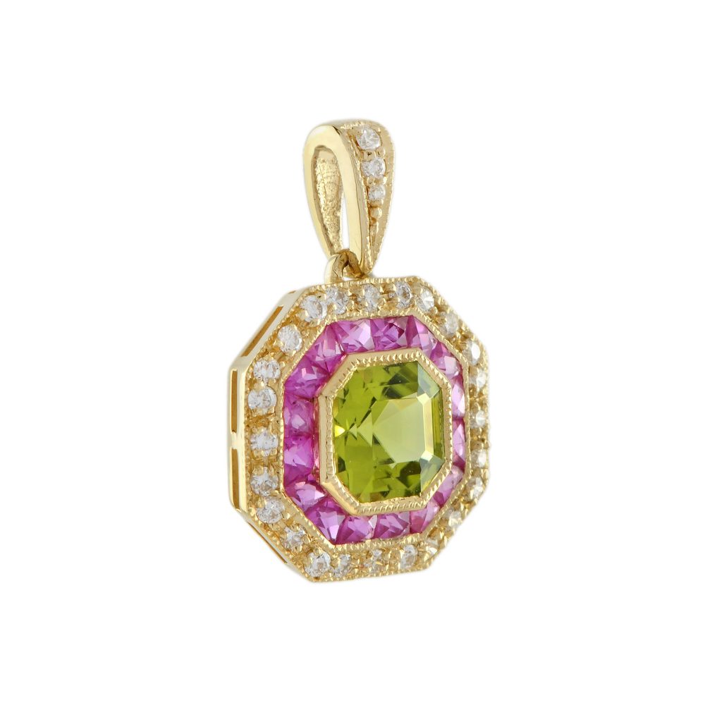 Peridot Ruby and Diamond Octagonal Target Cluster Pendant in 18ct Yellow Gold