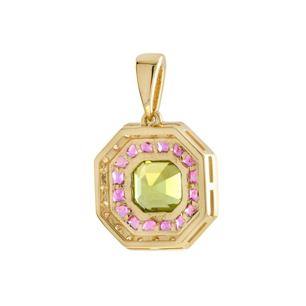 Peridot Ruby and Diamond Octagonal Target Cluster Pendant in 18ct Yellow Gold