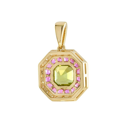 Peridot Ruby and Diamond Octagonal Target Cluster Pendant in 18ct Yellow Gold