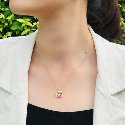 Peridot Ruby and Diamond Octagonal Target Cluster Pendant in 18ct Yellow Gold