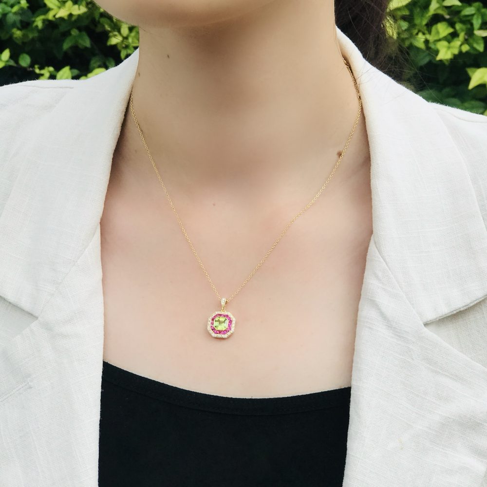 Peridot Ruby and Diamond Octagonal Target Cluster Pendant in 18ct Yellow Gold