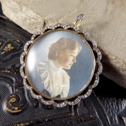 Antique Victorian Old Cut Diamond Set Portrait Pendant