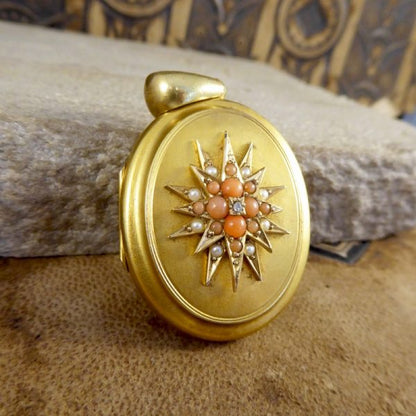 Antique Victorian Pearl Diamond and Coral Gold Locket Pendant