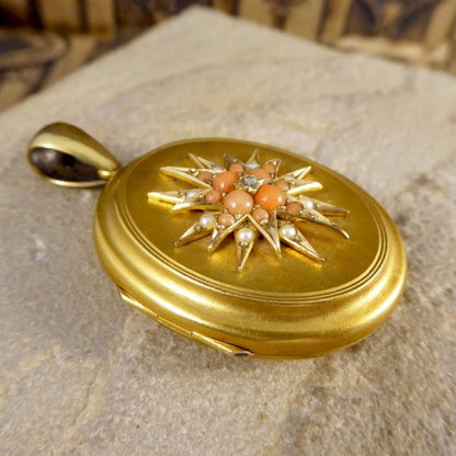 Antique Victorian Pearl Diamond and Coral Gold Locket Pendant