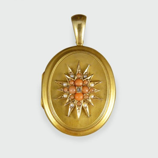 Antique Victorian Pearl Diamond and Coral Gold Locket Pendant
