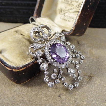 Antique Edwardian Purple Spinel and Diamond Pendant Brooch, Platinum
