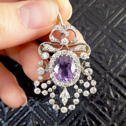 Antique Edwardian Purple Spinel and Diamond Pendant Brooch, Platinum