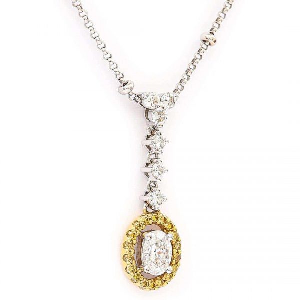 Contemporary 18ct Gold White and Yellow Diamond Halo Pendant Necklace