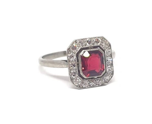 Antique Art Deco Red Spinel and Diamond Cluster Ring