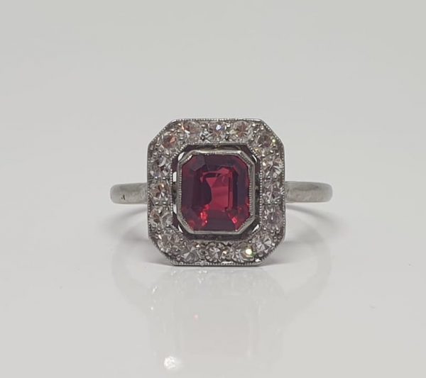 Antique Art Deco Red Spinel and Diamond Cluster Ring