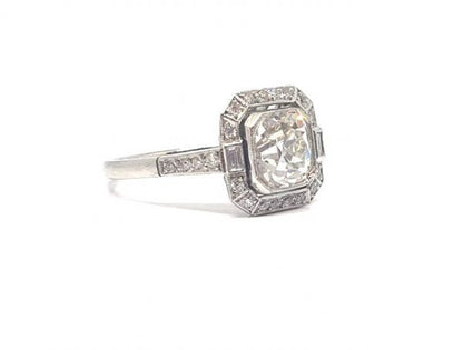 Art Deco Cushion Cut Diamond Engagement Ring, Platinum