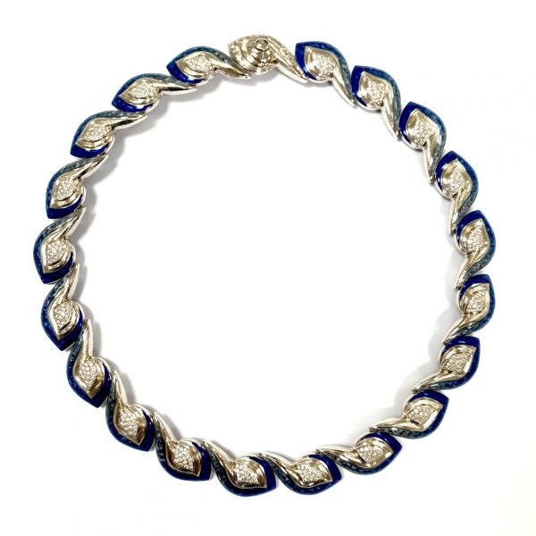 3.58ct Diamond and Blue Enamel 18ct White Gold Necklace
