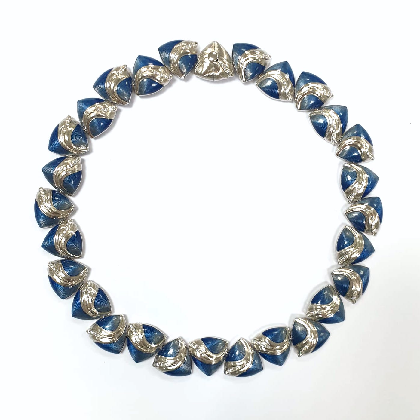 Diamond and White Gold Necklace with Blue Enamel