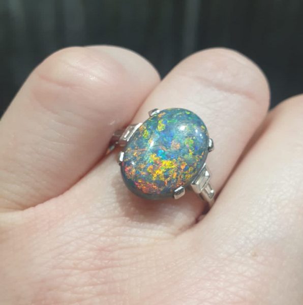 Art Deco Black Opal and Diamond Ring