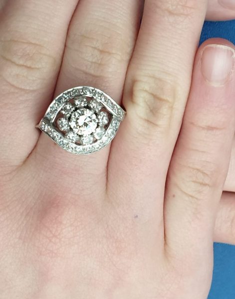 Art Deco ring on model finger shot