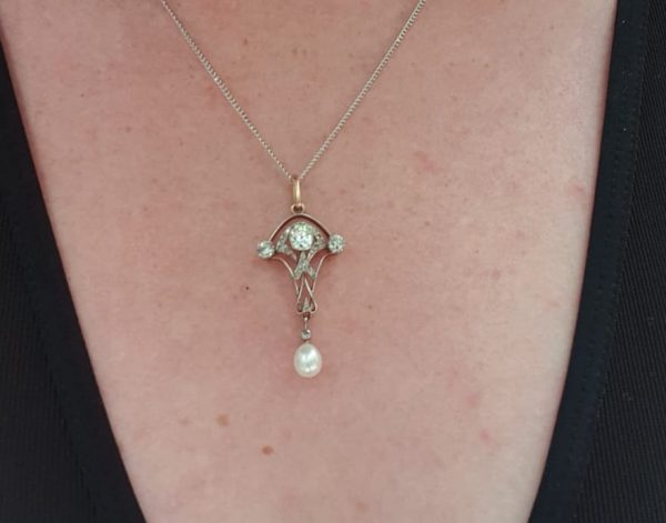 Art Nouveau diamond pendant and pearls