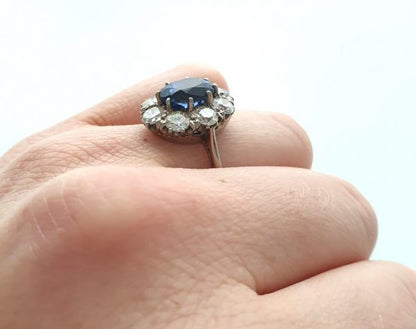 Vintage Ceylon Sapphire and Old Cut Diamond Cluster Ring, 3 carats