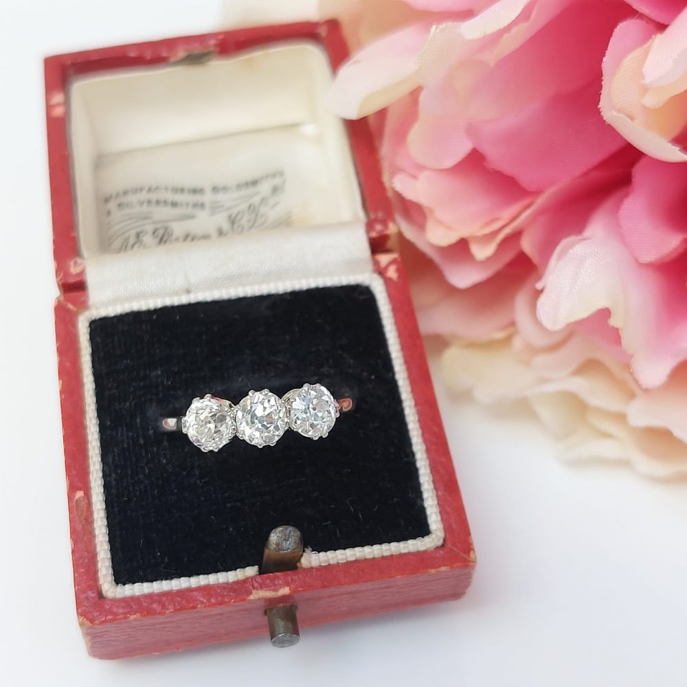 Vintage Three Stone Diamond Engagement Ring Platinum 1.50cts