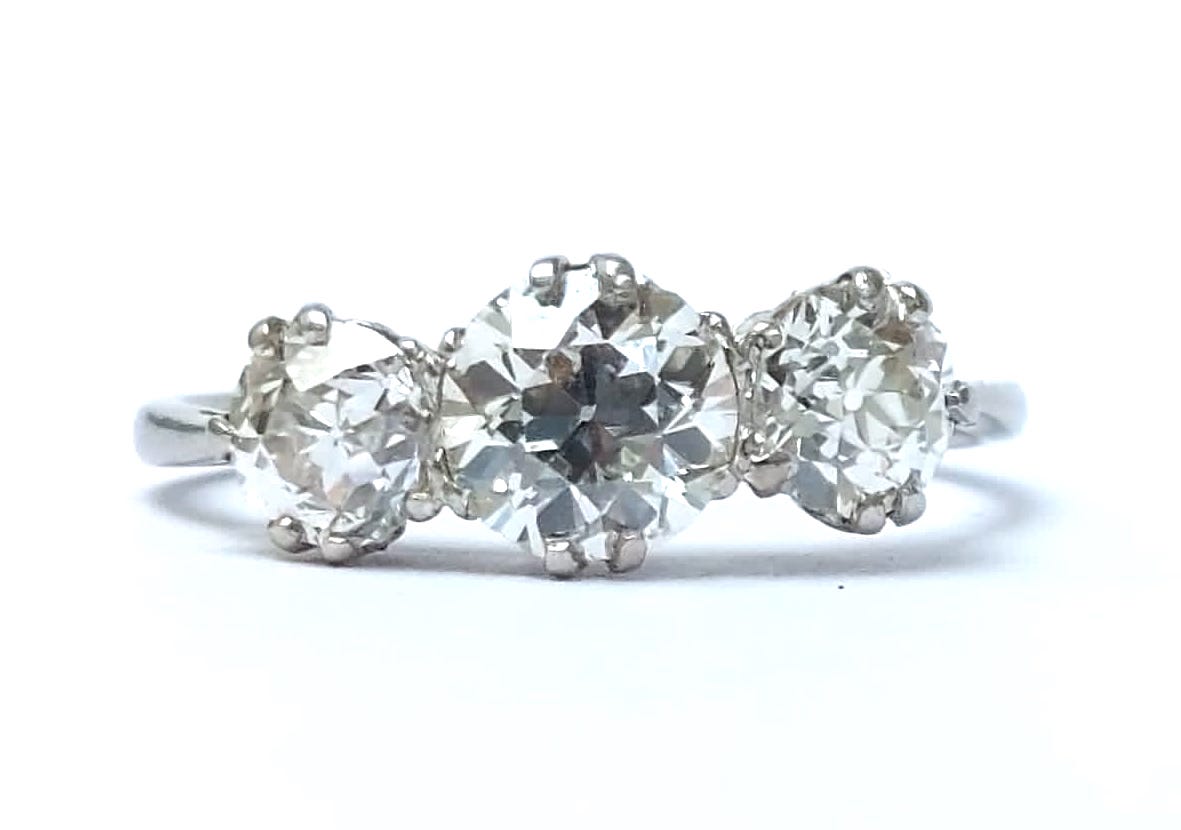 Antique old cut diamond three stone ring platinum 1.50 carats