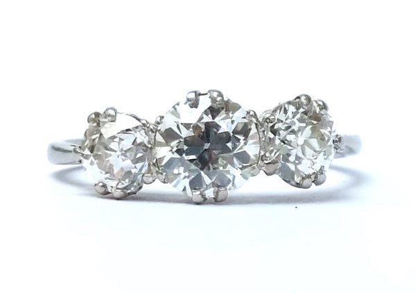 Antique old cut diamond three stone ring platinum 1.50 carats