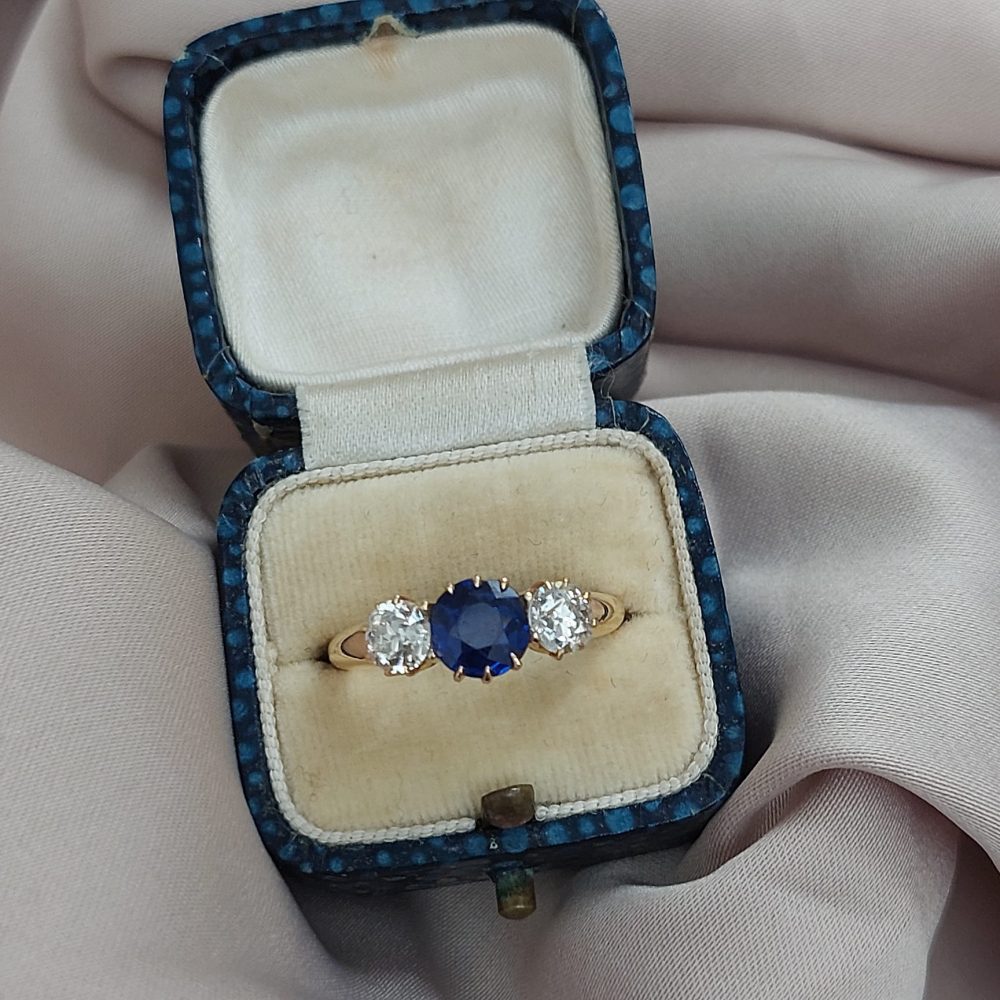 Antique Sapphire and Diamond Three Stone Engagement Ring, Yellow Gold