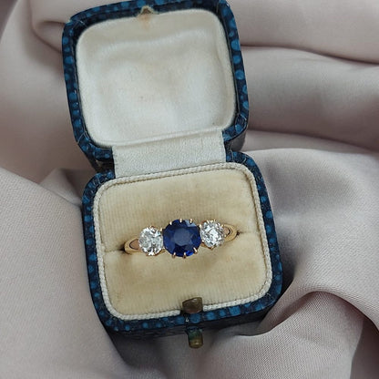 Antique Sapphire and Diamond Three Stone Engagement Ring, Yellow Gold