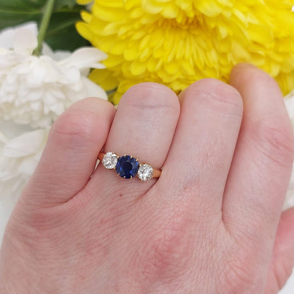 Antique Sapphire and Diamond Three Stone Engagement Ring, Yellow Gold