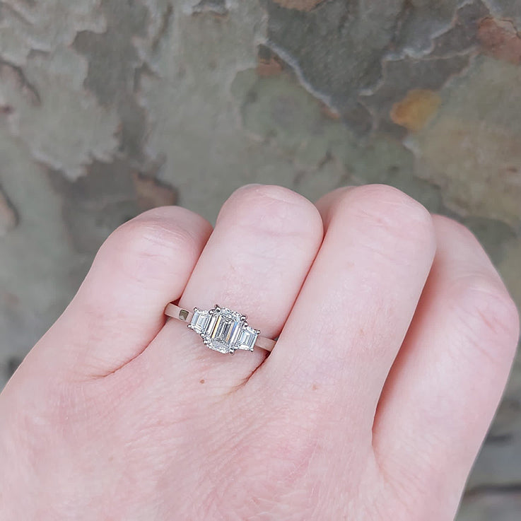 GIA Certified 1.02ct Emerald Cut Diamond and Trapeze Diamond Engagement Ring in Platinum