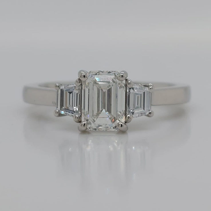 GIA Certified 1.02ct G colour VS1 Emerald Cut Diamond and Trapeze Diamond Engagement Ring in Platinum