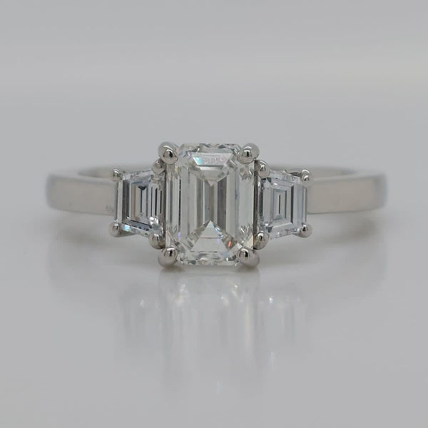 GIA Certified 1.02ct G colour VS1 Emerald Cut Diamond and Trapeze Diamond Engagement Ring in Platinum