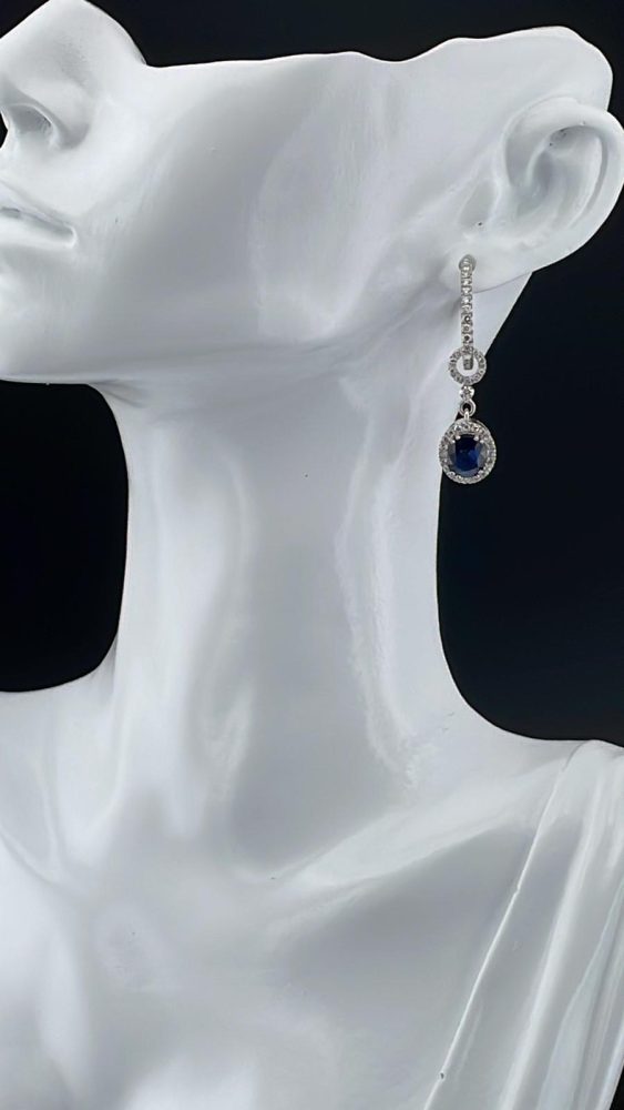 Sapphire and diamond cluster halo drop earrings
