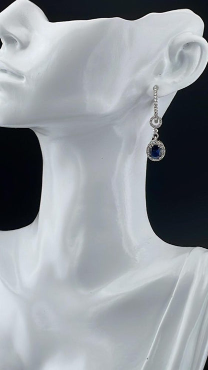 Sapphire and diamond cluster halo drop earrings