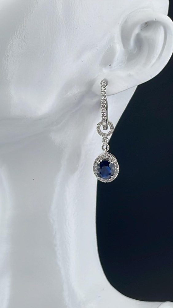 Sapphire and diamond cluster halo drop earrings 18ct