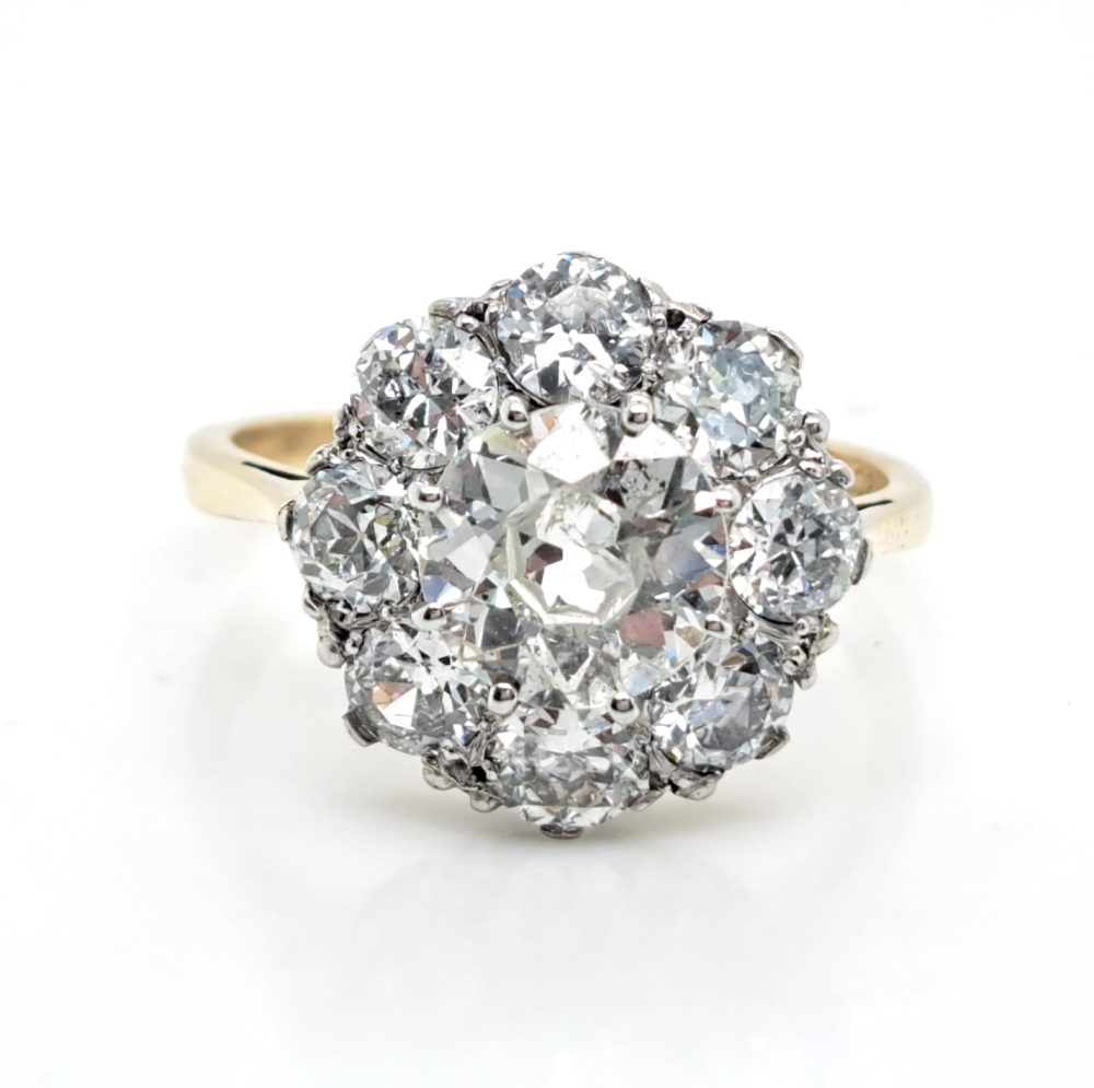 Vintage Old Cut Diamond Daisy Cluster Engagement Ring, 3.10 carat total