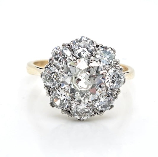 Vintage Old Cut Diamond Daisy Cluster Engagement Ring, 3.10 carat total