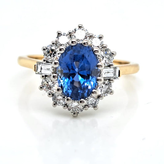 Vintage Cornflower Blue Sapphire and Diamond Cluster Engagement Ring
