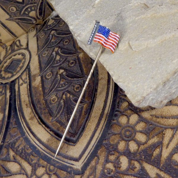 Antique Victorian Quality Diamond Set American Flag Enamel Stick Pin