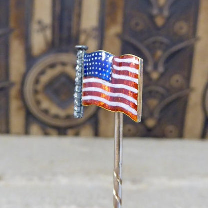Antique Victorian Quality Diamond Set American Flag Enamel Stick Pin