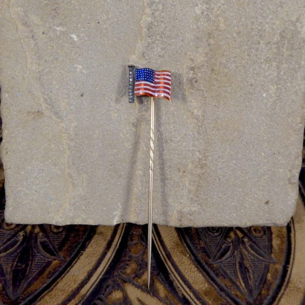 Antique Victorian Quality Diamond Set American Flag Enamel Stick Pin