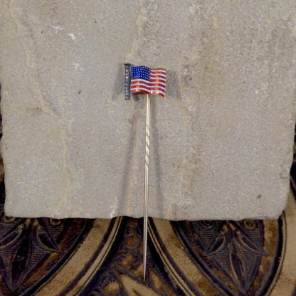 Antique Victorian Quality Diamond Set American Flag Enamel Stick Pin