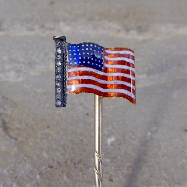 Antique Victorian Quality Diamond Set American Flag Enamel Stick Pin