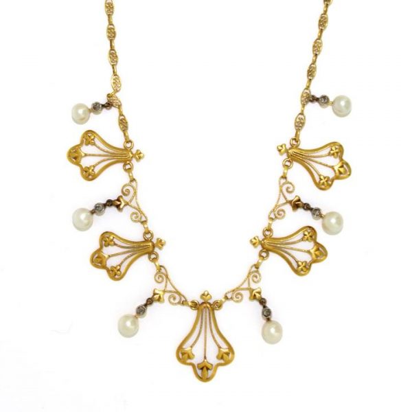 Antique French Pearl, Diamond and 18ct Gold Fringe Necklace; 18ct Yellow Gold Fancy Fringe Necklace, set with Pearls and Diamonds, Circa 1900.